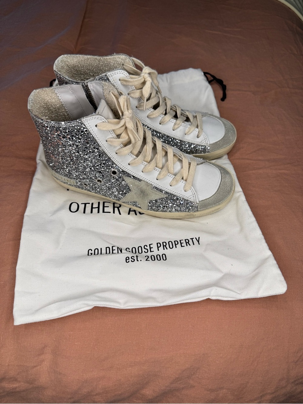 Golden Goose Women’s Silver Glitter High-Top Sneakers with White Trim